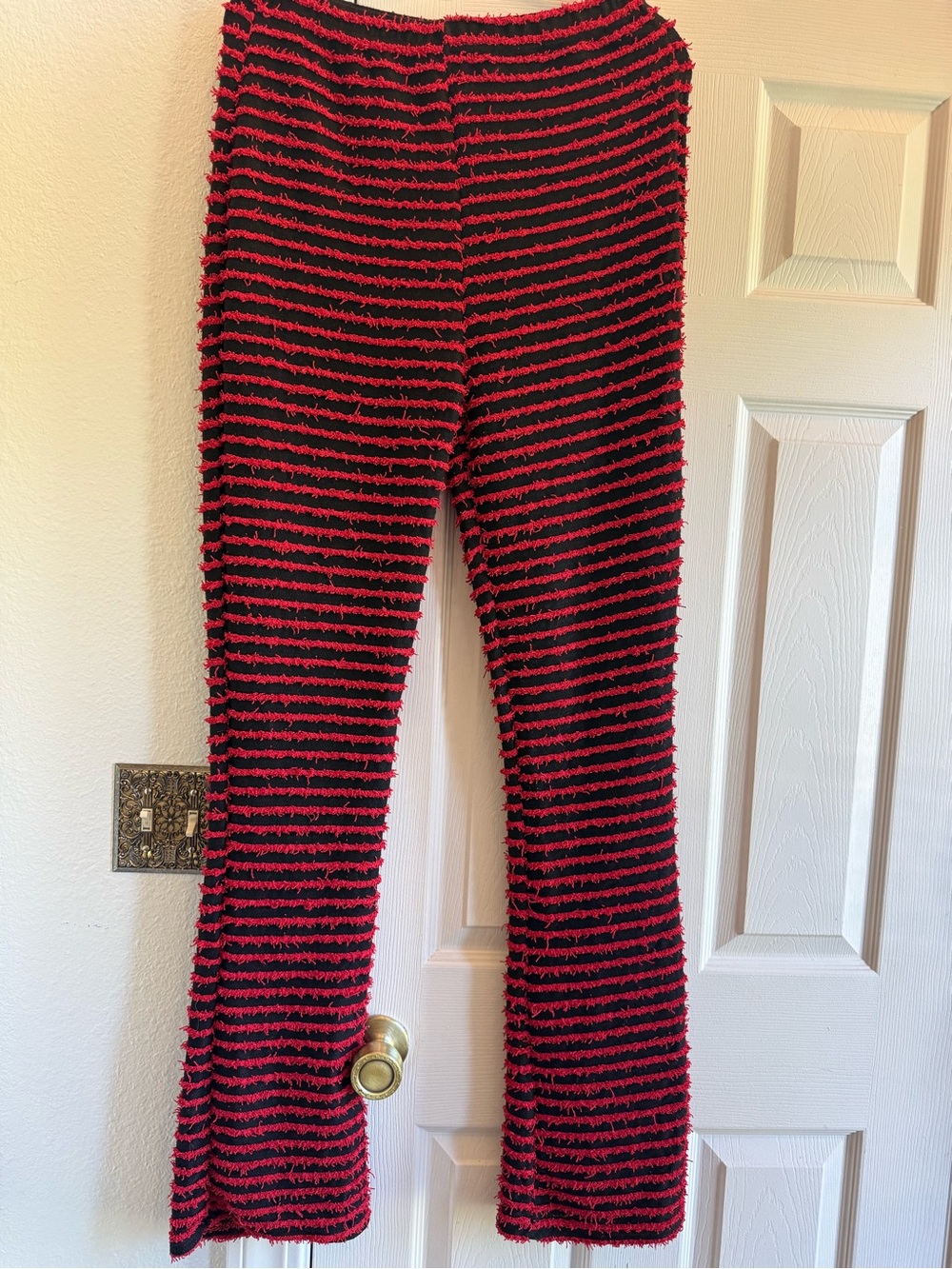 NWOT Striped Fuzzy Red/Black Knit Pants High Waist Stacked Bell Bottoms - Sz XL